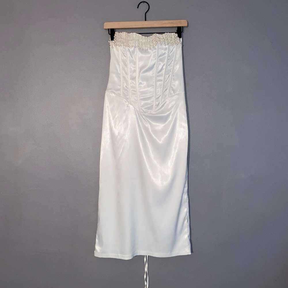 Beaded Lace-up Corset Strapless White Wedding Dress Large - Picture 3 of 14